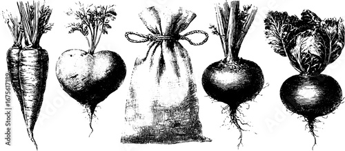 Vintage root vegetable harvest collection with engraving style for design and decoration