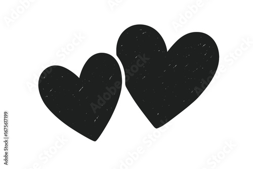 Two textured black hearts on white background, minimalist love and connection symbol, vector cartoon illustration, romantic and abstract design, emotional expression