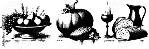 Rustic autumn table setting with pumpkins and bread for seasonal decor
