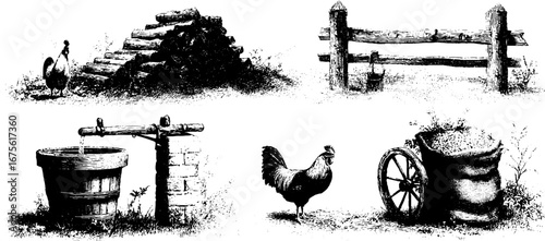 Rustic farm chores collection: firewood, fencing, wells, roosters, and cart sketch for vintage design
