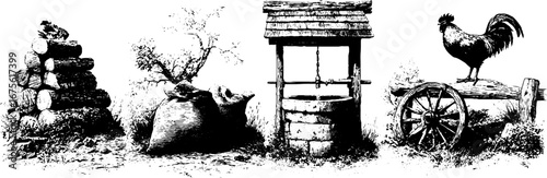 Rustic farm chores engraving: firewood, well, rooster, sack collection for retro design