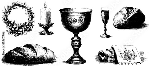 Rustic wedding symbols collection: hand drawn engravings of floral wreath, candle, chalice, bread, and napkin