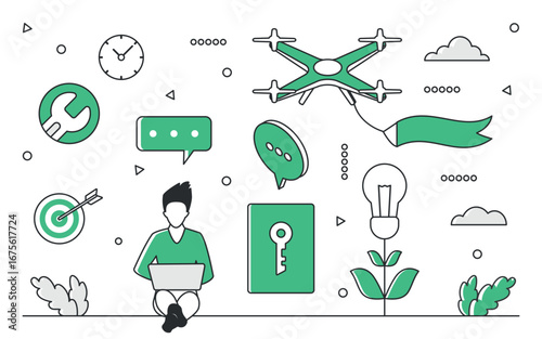 Green monocolor line art showing a drone, laptop user, chat bubbles, target, and lightbulb, representing technology, communication, and innovation on white background vector illustration