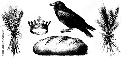 Slavic harvest traditions collection featuring engraved elements of wheat, bread, crown, and raven