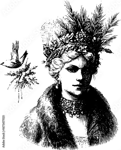 Snow maiden with kokoshnik and bird in vintage engraving for art and design