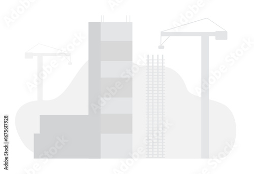 Two construction cranes and unfinished building in minimalist gray style skyscraper