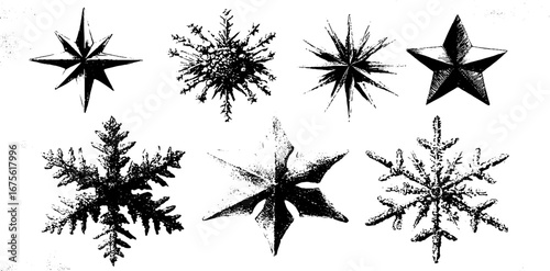 Vintage engraving of six-pointed snowflakes collection for winter design and decoration
