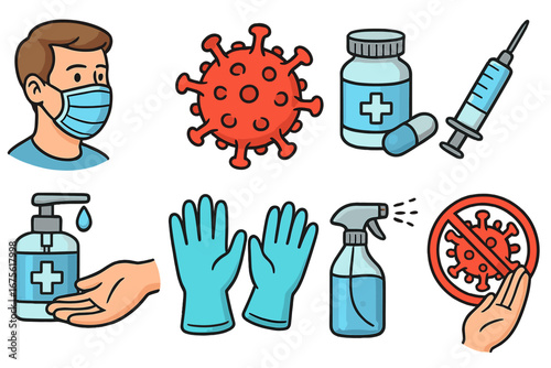 Healthcare symbols representing hygiene, vaccination, infection prevention, virus protection, gloves, sanitizer, disinfectant sprays, face mask, syringe, and medication, vector cartoon illustration