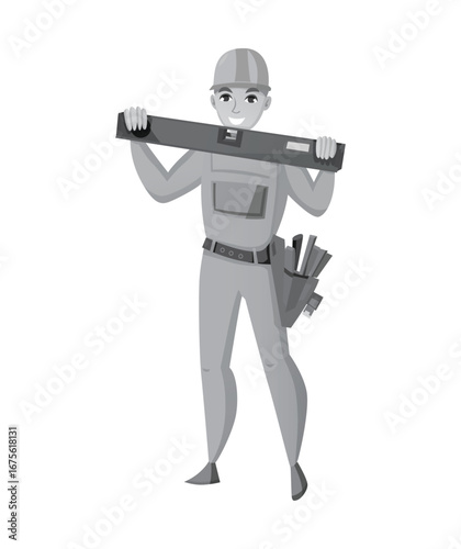 Construction worker holding a spirit level tool over his shoulders male builder