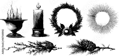 Vintage engraving of solstice symbols collection featuring bonfire and wreath designs for holiday decor