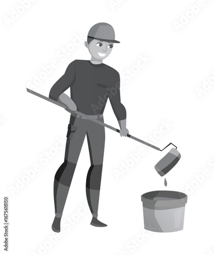 Man in hard hat and work clothes dipping paint roller into bucket painter worker