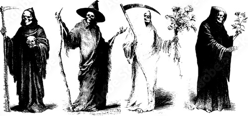 Spectral folklore beings collection: engraved vintage sketch of mythical figures
