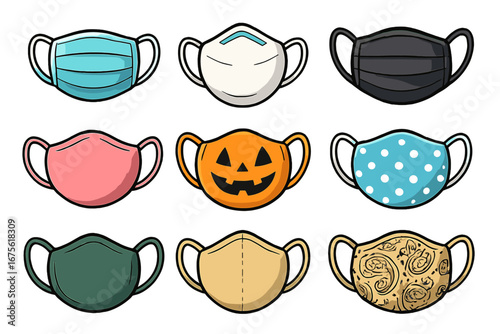 Various face masks in multiple styles and designs grid, medical, fashion, festive and patterned masks collection, vector cartoon illustration for health and safety protection