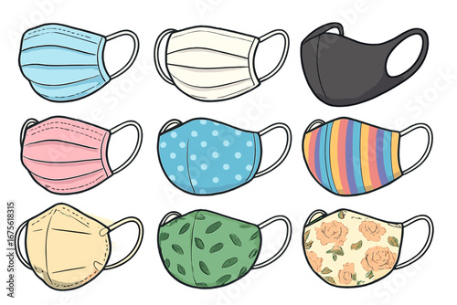Diverse styles of face masks in a grid layout, displaying various designs, patterns, and shapes for different occasions, protection, and fashion. Vector cartoon illustration.