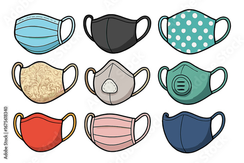 Various styles of face masks in cartoon vector illustration, showcasing diverse designs, shapes, colors, and patterns for health, fashion, protection, and everyday use in a grid format