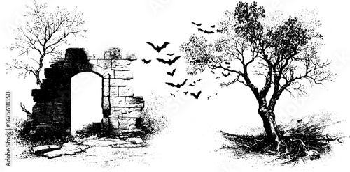 Spooky autumn ruins with stone arch and bare trees for halloween design