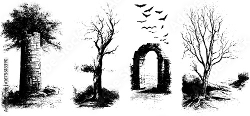 Engraving of spooky autumn ruins with stone structures and trees for halloween design