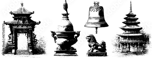 Vintage temple fair collection of pagoda, gate, and sacred artifacts - ideal for cultural design projects