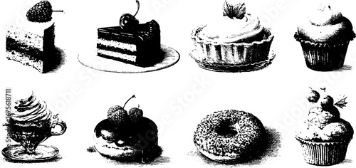 Vintage dessert collection: hand-drawn engravings of layered cakes, cupcakes, and pastries