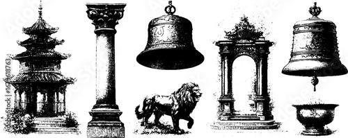 Vintage engraving of temple fair elements featuring pagodas, gates, and bells for artistic design