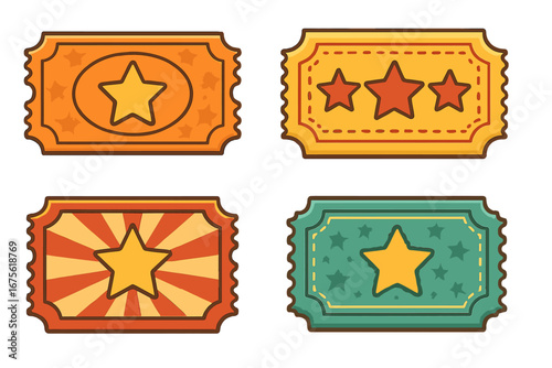 Various Ticket Designs Featuring Stars and Patterns, Vintage and Retro Style Event and Entertainment Tickets, Decorative Vector Cartoon Illustration for Celebrations and Invitations