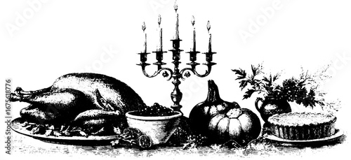 Thanksgiving feast vintage engraving of roast turkey and harvest collection for holiday decor
