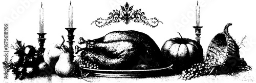 Vintage thanksgiving feast engraving with roast turkey and harvest decor elements for holiday design