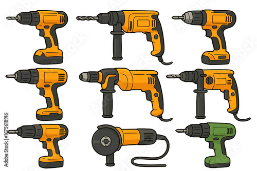 Various Types of Drills and Power Tools in a Grid Pattern, Cartoon Vector Illustration with Transparent Background, Ordered Set for Easy Comparison and Versatile Use in Construction and DIY
