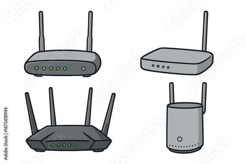 Various types of wireless routers in cartoon vector style, diverse designs and features, modern technology devices illustration, network concepts, transparent background