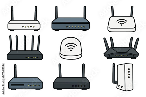 Various Types of Wireless Routers Displayed in Organized Grid Format Illustrating Diverse Designs, Features, Antennas, and Connectivity Options, Vector Cartoon Technology Illustration
