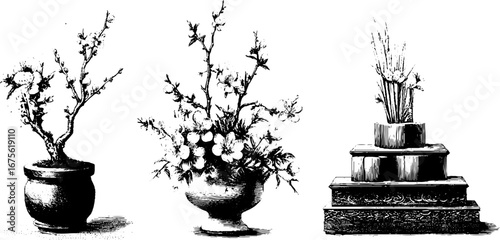 Vietnamese tet traditions engraving collection: floral arrangements and ritual offerings