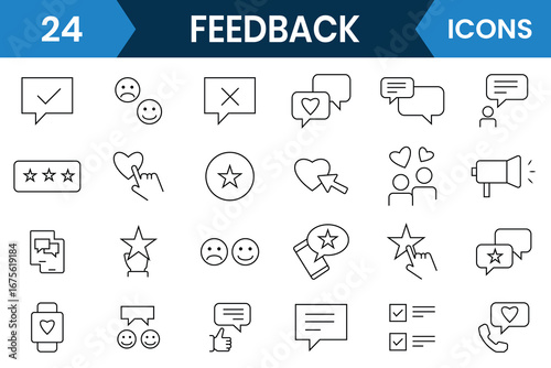 Feedback icons set. Feedback thin line icons, vector set collection for web and mobile app. Symbol of feedback, Containing rating, customer satisfaction, review, emotion symbols. Vector illustration.