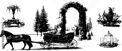 Winter village wedding scene with horse-drawn carriage and floral arches