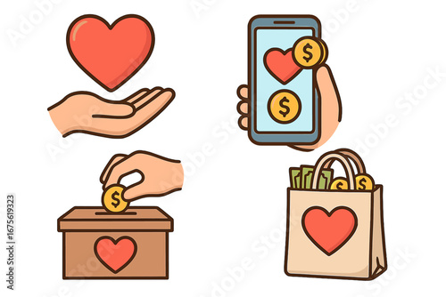 Charitable donations concept with love symbols and various giving methods including hand donation, money box, mobile payment, and shopping bag with cash. Vector cartoon illustration.