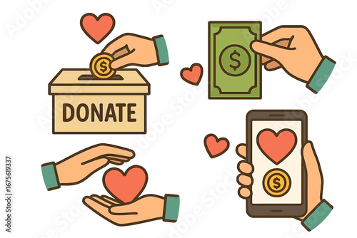 Charitable donations concept with giving money, hearts, and love symbols, donation box, mobile payment, and caring hands, vector cartoon illustration, philanthropy and charity