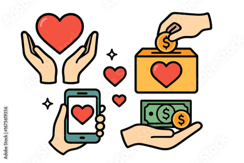 Charitable donations concept with love symbols, hands giving money, mobile donation, and heart icons, vector cartoon illustration representing generosity and fundraising