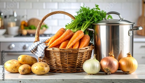 A wicker basket of fresh carrots with potatoes, onions, and parsley next to a stockpot on a kitchen counter.