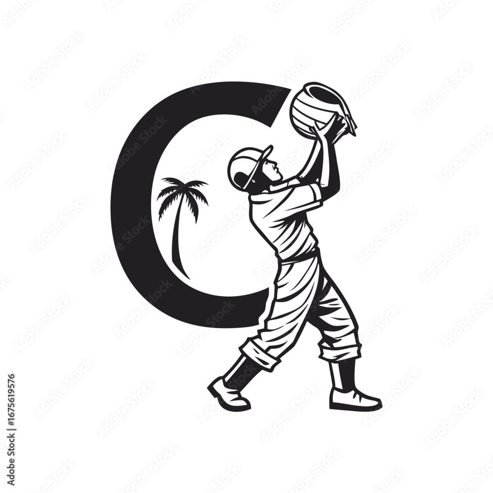 Fototapeta premium Silhouette of a Baseball Player Catching a Ball Framed by Letter C and Palm Tree Illustration with White Background