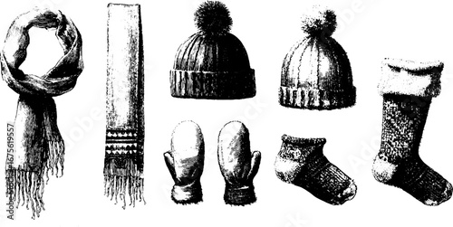 Vintage winter clothing accessories collection for cold weather wear