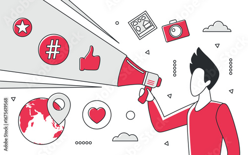 Person with megaphone spreading social media, SEO, and marketing icons in red monocolor style, highlighting global communication and online engagement isolated on white background vector illustration
