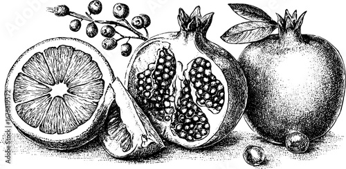 Vintage hand-drawn engraving of winter fruits collection featuring orange and pomegranate with sliced details