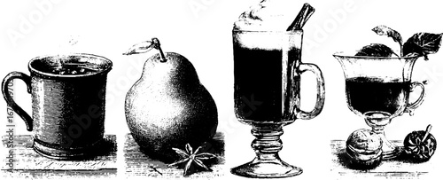Engraving of winter hot drinks and mulled beverages collection for seasonal design