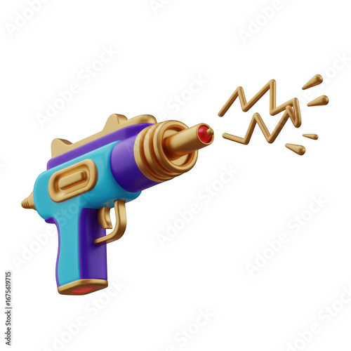 A colorful 3d rendering of a retro raygun toy shooting a laser beam isolated on transparent background