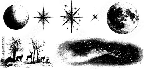 Vintage winter night sky engraving collection featuring crescent moons and stars - ideal for posters and cards