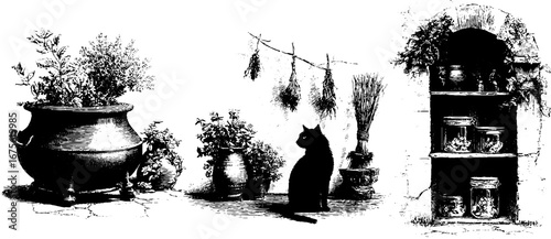 Enchanting witch's cottage interior - vintage engraved collection for decor and design