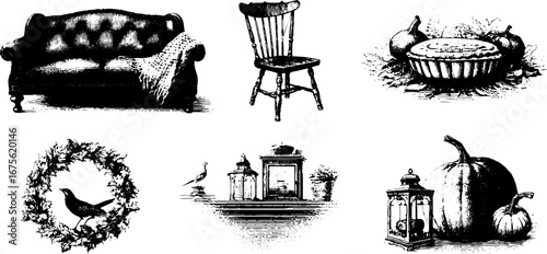 Cozy family thanksgiving living room design with vintage engravings for seasonal decor