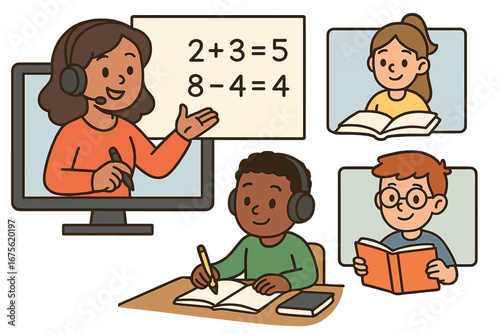 Virtual online learning session with diverse students engaged in math and reading activities, digital education, remote class, e-learning cartoon illustration with transparent background