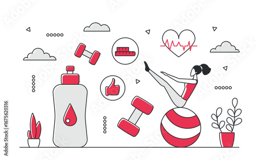 Active woman balancing on fitness ball with red dumbbells, water bottle, heart rate, and healthy lifestyle icons, promoting sport and wellness isolated on white background vector illustration