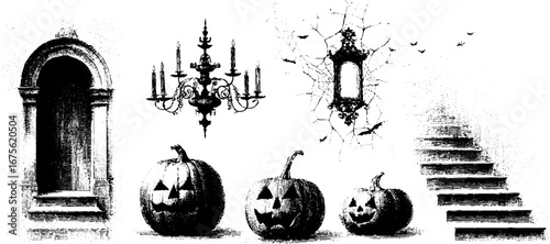 Gothic halloween hallway with engraved pumpkins and chandelier design for decoration
