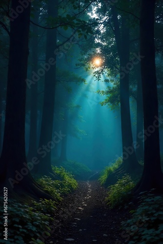 Mysterious, shadowy depths of a dark forest at twilight Ancient trees loom, sunlight barely piercing the dense canopy A sense of quiet mystery pervades the scene , mysterious, detail, dense